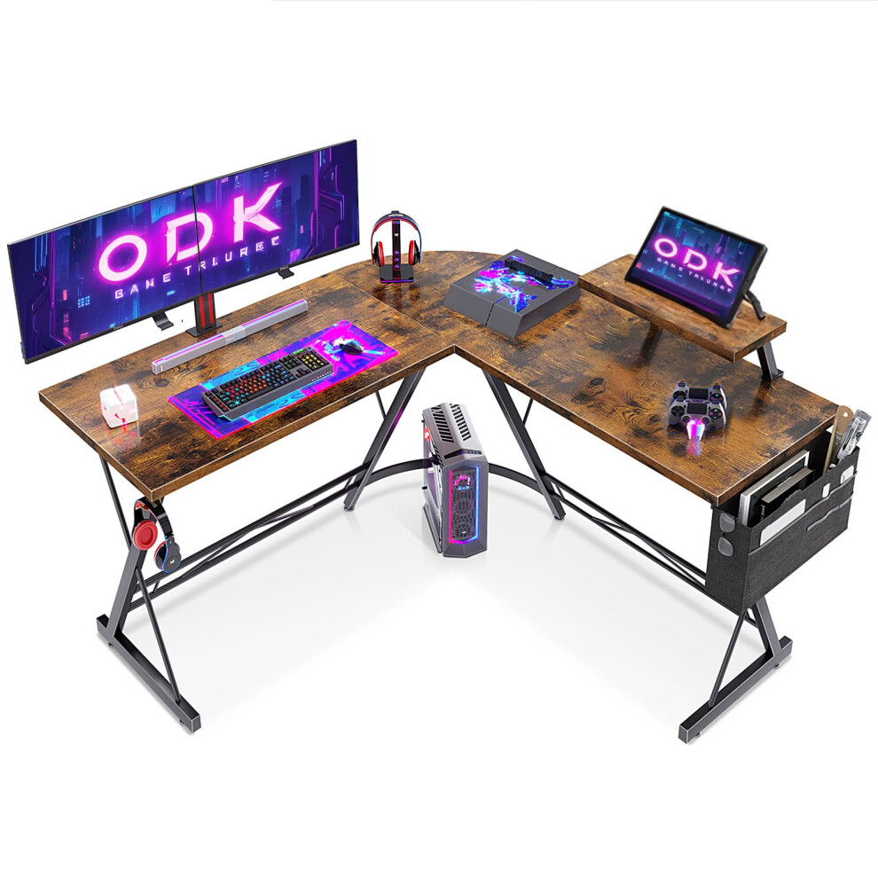 ODK Gaming Desk 127x127x75cm Vintage Brown Computer Desk with Monitor Stand L Shaped Gaming Desk for Home and Office-image-OPC-PH52759-NEW