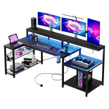 Bestier 181CM L-Shaped Gaming Desk with 3 Power Outlets, 2 USB Ports, RGB LED Lights, Black Carbon Fibre Surface, Monitor Stand, Storage Shelf, Cup