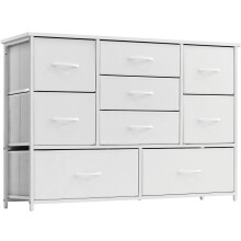LYNCOHOME White Chest of Drawers for Bedroom, 9 Drawer Fabric Dresser Storage Organizer, Wide Dresser TV Stand for Bedroom, Living Room, Entryway,