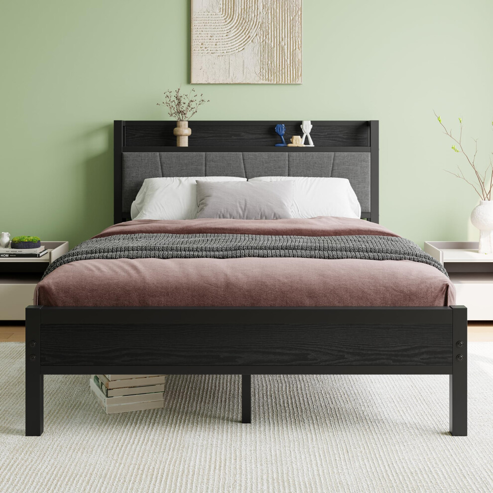 BORPHOM Double Bed Frames with Wooden Storage Headboard,Heavy Duty Metal Upholstered Platform Bed Frame Double Bed,Mattress Base/Strong Steel Slat