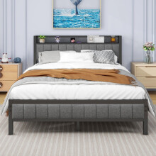 MOFLUT Double Bed Frame with Wooden Storage Headboard Shelf, 4ft6 Upholstered Bed Frame Doule Bed with Metal Slats Enhanced Support, No Box Spring