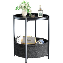 Huhote Side Table, Round End Table with Fabric Basket, Small Bedside Tables, Nightstand Sofa Tables for Living Room, Bedroom, Bathroom, Balcony,