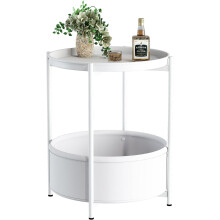Side Table, Round End Table with Fabric Basket, Small Bedside Table, Nightstand Sofa Table for Living Room, Bedroom, Bathroom, Balcony, Modern Style