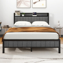 MOFLUT King Size Bed Frame with Wooden Storage Headboard Shelf, Upholstered Bed Frames King Size with Metal Slats Enhanced Support, No Box Spring