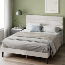 ZINUS Piper Double Bed Frame ? Bed 135 x 190 cm ? 30cm Height ? Upholstered platform bed frame with Headboard ? Wooden slat support ? Off White