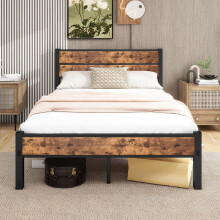 Double Bed Frame with Wooden Headboard and Footboard, Metal Wooden Bed Frame 4ft6 Under Bed Storage, No Box Spring Needed, Enhanced Support Noise Free