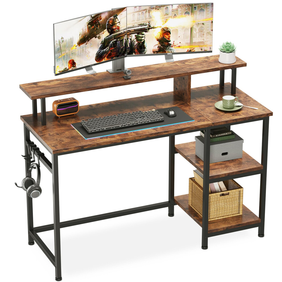 Dripex Computer Desk Home Office Desk with Monitor Stand & Storage Shelves Rustic Brown Work Writing Desk Gaming Table for Small Spaces (L107.5x W48x-image-OPC-PH527FM-NEW