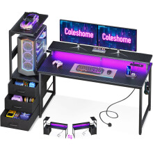 Coleshome Gaming Desk with LED Lights & Power Outlet, Reversible Computer Desk with Drawers, Gaming Table with Storage & Monitor Stand, Carbon Fiber