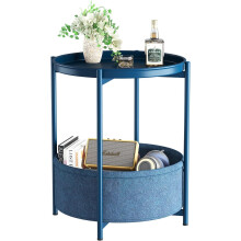 Huhote Side Table, Round End Table with Fabric Basket, Small Bedside Table, Nightstand Sofa Table for Living Room, Bedroom, Bathroom, Balcony, Modern