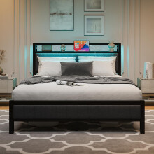 MOFLUT King Size Bed Frame with Upholstered Headboard, Wooden Storage Headboard Shelf, 5ft Upholstered Bed Frame Kingsize with Charging Station/USB