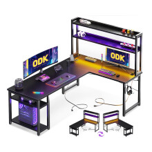 ODK 168?120 cm L Shaped Gaming Desk with LED Lights & Double Power Outlets, Reversible Corner Computer desk with Shelves for Home Office, Black