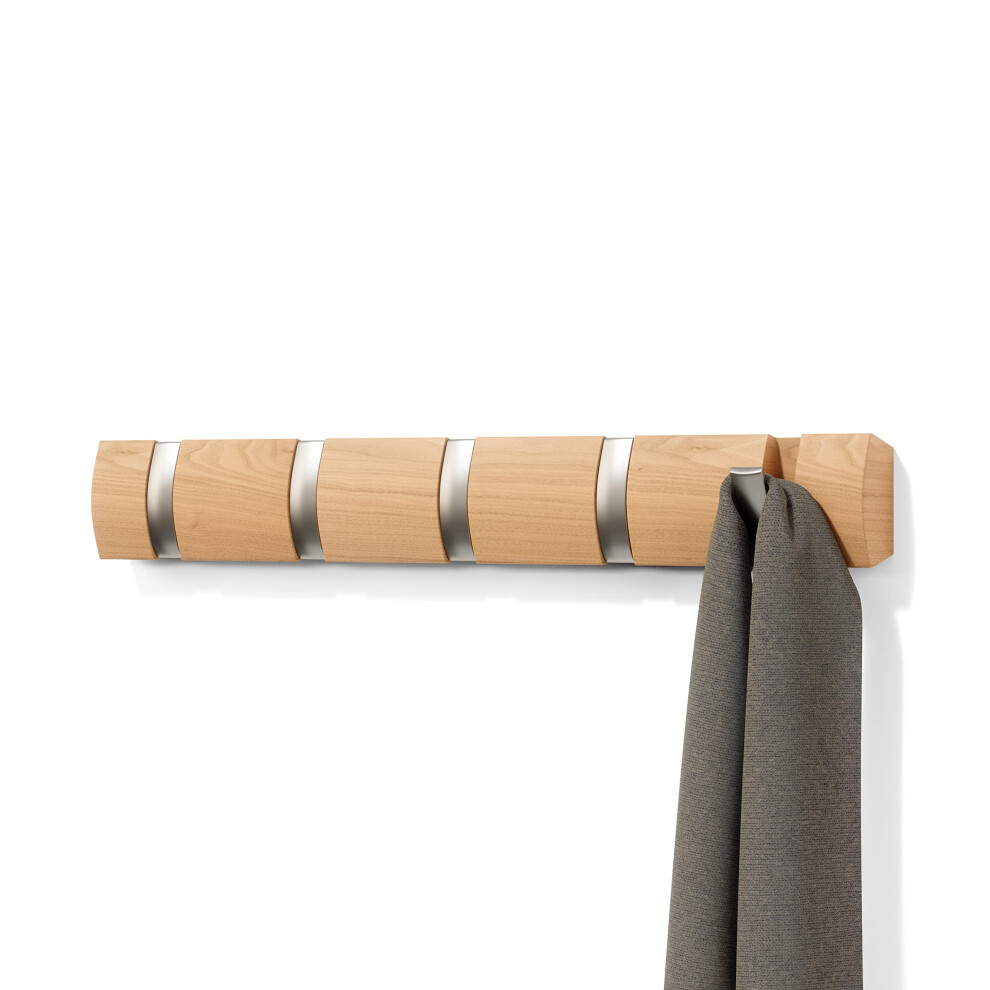 Umbra Flip 5-Hook Wall Mounted Coat Rack, Modern, Sleek, Space-Saving Coat Hanger with 5 Retractable Hooks to Hang Coats, Scarfs, Purses and More,