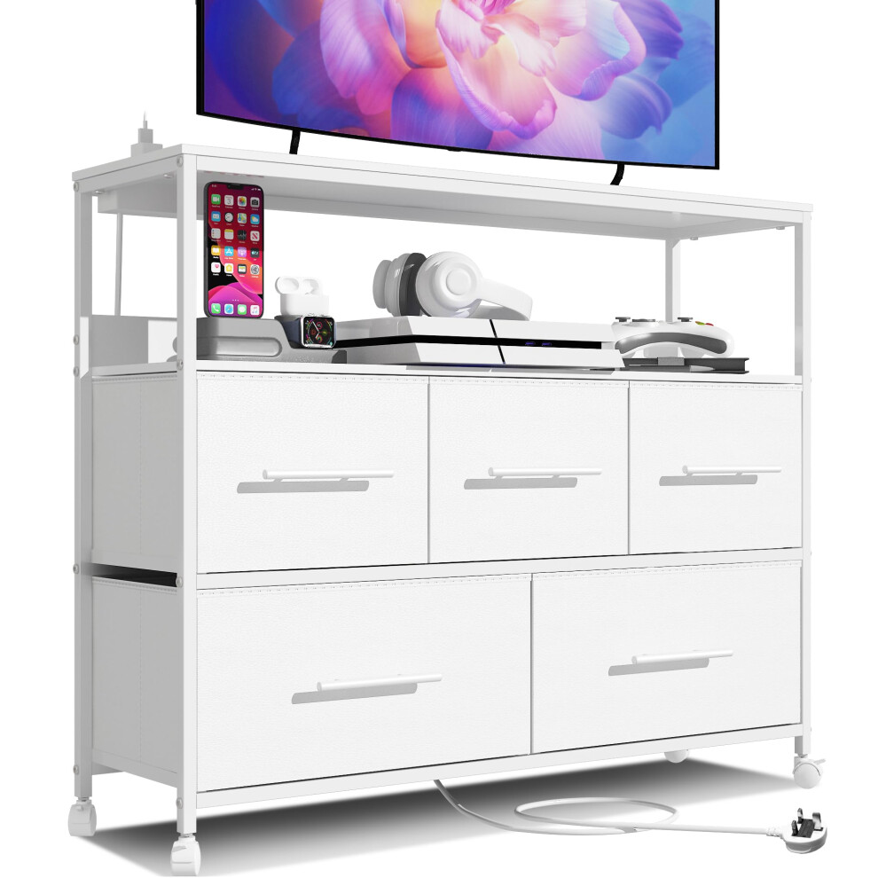 MIKIICOCO Chest of Drawers with Charging Station, Bedroom Dresser with 5 Fabric Drawers, TV Stand with Storage Shelf, 4 Castors and Metal Frame