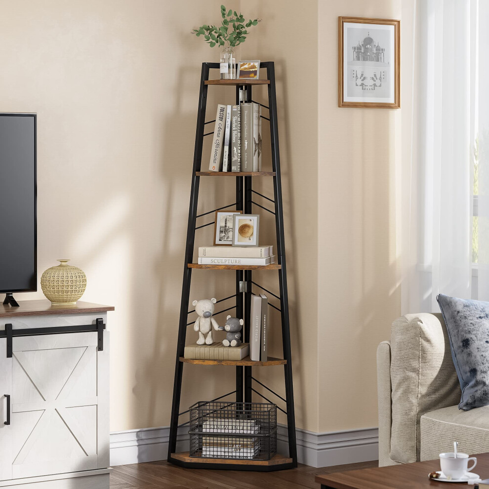 YITAHOME Corner Shelf 5 Tiers, Industrial Bookshelf Modern Floorstanding Corner Bookcase Ladder Shelf Wooden Open Display Shelving Unit for Living