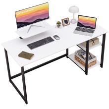 GreenForest Computer Desk with Monitor Stand,140cm White Desk with Reversible Storage Shelves Modern PC Gaming Home Office Desk,White