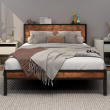Double Bed Frame with Wooden Storage Shelf Headboard, Metal Platform Bed Frame Double, No Box Spring Needed, Noise Free, Reinforced Strong Support