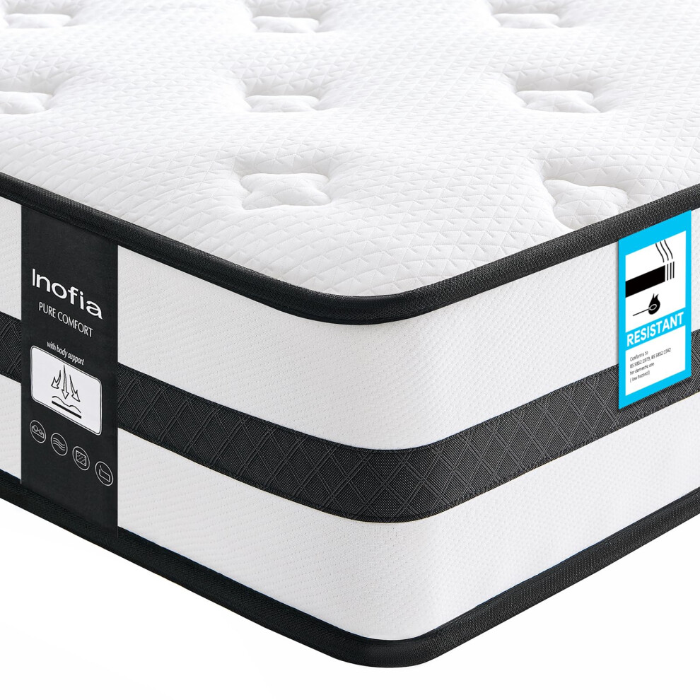Inofia Sleep Inofia Single Mattresses Memory Foam Sprung Mattress 4Ft6, 10 Inch Hybrid Mattress With Zone Support Memory Foam & Cooler Knitted Fabric, Medium Firm