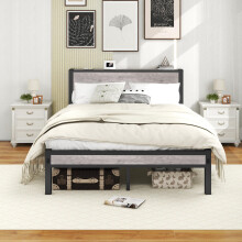 Double Bed Frames with Storage Wooden Headboard, Metal 4ft Bed Frame Double Bed Base/Mattress Foundation, Enhanced Support Noise Free, Black+Grey Oak1