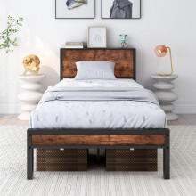 DUMEE Single Bed Frames with Wooden Storage Headboard Shelf, Heavy Duty Metal Bed Frame Single, No Box Spring Needed, Noise Free, Reinforced Strong