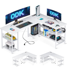 ODK L Shaped Gaming Desk, 150 x 102 cm Reversible Computer desk with 2 Sockets and 2 USB Charging Ports, Corner Desk with Storage for Home Office,
