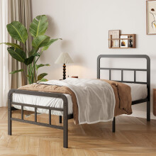 Yicensen Single Bed Frame with Curved Headboard and Footboard 90x190 cm, Black Single Platform Bed with Heavy Metal Slats for Stable Support, No Box