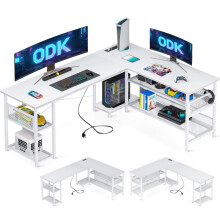 ODK L Shaped Gaming Desk, 168 x 120 cm Reversible Computer desk with 2 Sockets and 2 USB Charging Ports, Corner Desk with Storage for Home Office