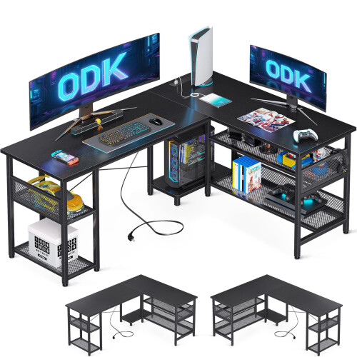 ODK L Shaped Gaming Desk, 150 x 102 cm Reversible Computer desk with 2 Sockets and 2 USB Charging Ports, Corner Desk with Storage for Home Office