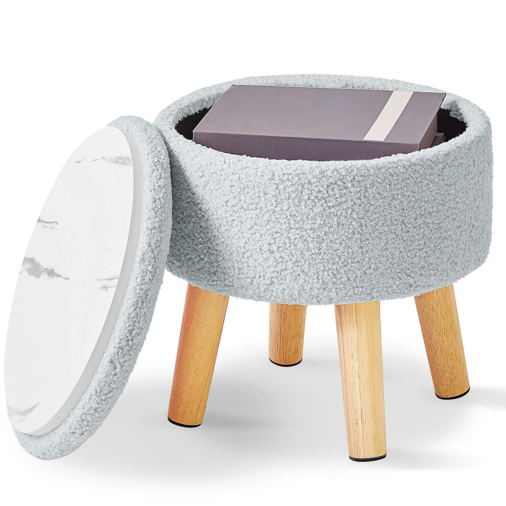 IBUYKE 13 Inch Small Footstool Ottoman with Storage, Round Pouffe Foot Rest with Padded Seat and Wood Legs, Teddy Velvet Mini Footstool for Living-image-OPC-PH528CW-NEW