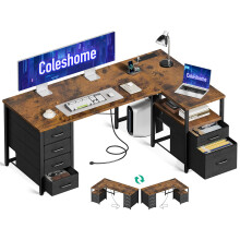 Coleshome 140cm Computer Corner Desk with 1 Filing Cabinet and 5 Fabric Drawers, L Shaped Office Desks with Power Outlet, PC Table with Storage,