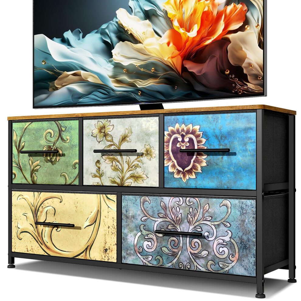 MYGIIVOVO Chest of Drawers, Dresser for Bedroom with 5 Fabric Drawers, TV Stand with 4 Castors, Storage Organizer Unit for Living Room and Kids Room