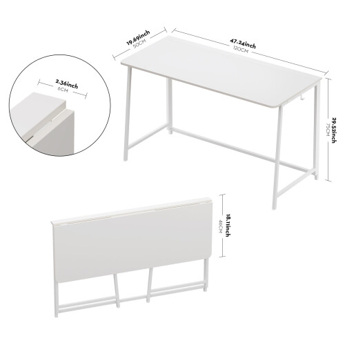 WOHOMO Folding Desk, 120cm Foldable Computer Desk for Bedroom, Space Saving Computer Table Writing Workstation for Home Office, Easy Assembly, White 2