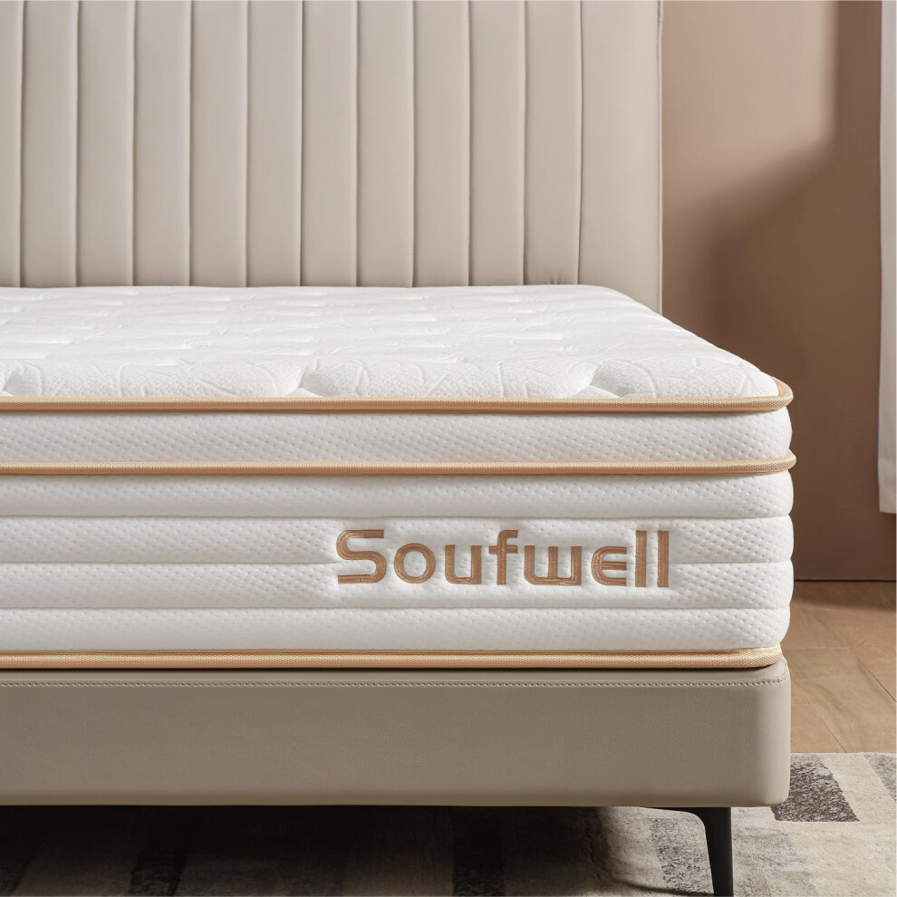 Soufwell Double Mattress, Memory Foam Hybrid Double Mattress, Zoned Coil Pocket Sprungs, Medium Firm Orthopedic Support, Motion Isolation,