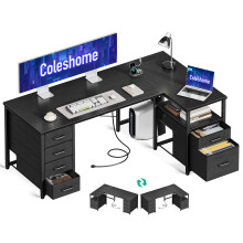 Coleshome 140cm Computer Corner Desk with 1 Filing Cabinet and 5 Fabric Drawers, L Shaped Office Desks with Power Outlet, Black PC Table with Storage,