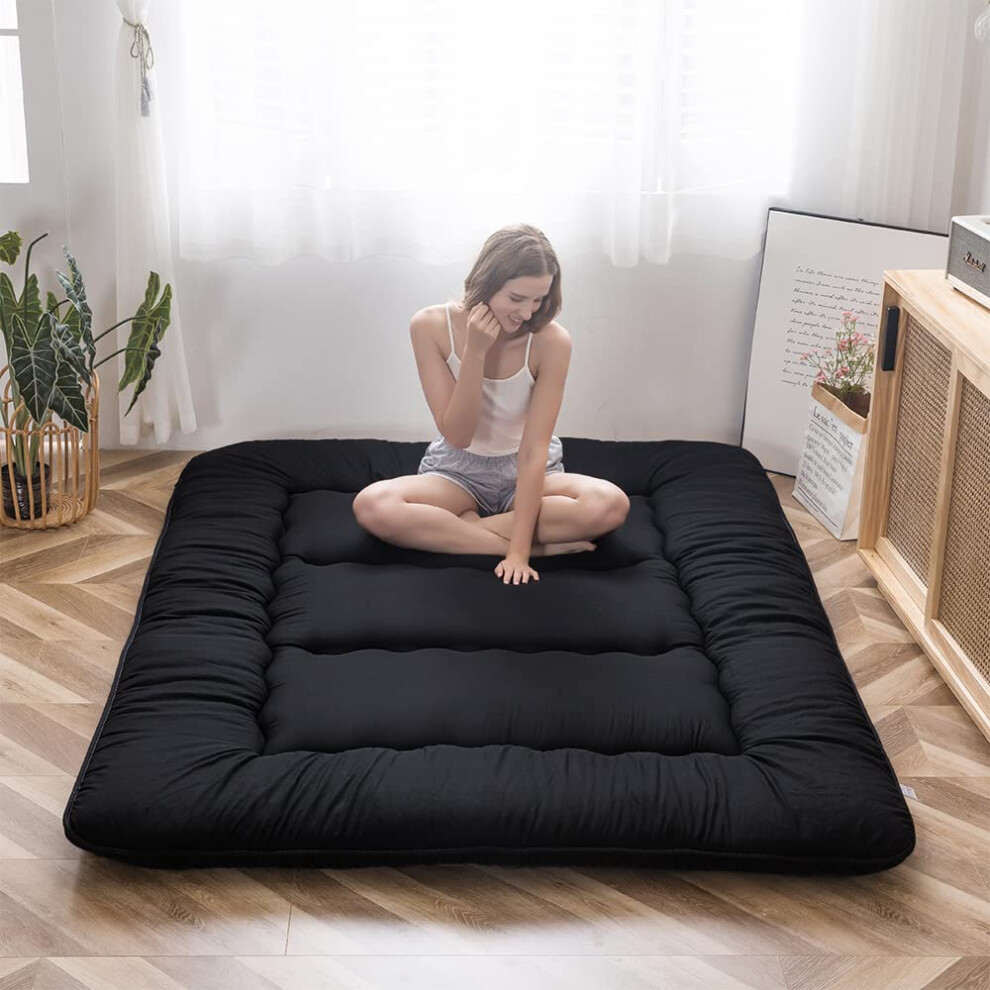 Maxyoyo Japanese Floor Futon Mattress, Thicken Tatami Sleeping Pad Foldable Roll Up Dormitory Mat Pad Floor Lounger Pillow Bed (Double,) Black