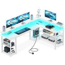 ODK L Shaped Gaming Desk with LED Lights & Power Outlets, 168?120cm Reversible Corner Desk with Storage Shelves, Computer Desks with Monitor Stand,