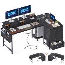 ODK Corner Desk with Drawers, L Shaped Computer Desk with USB Charging Port & Power Outlet, Home Office Desk with Monitor Stand and PC Stand, 140x80cm