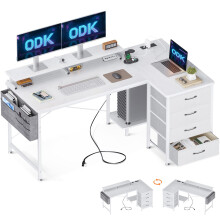 ODK Corner Desk with Drawers, L Shaped Computer Desk with USB Charging Port & Power Outlet, Home Office Desk with Monitor Stand and PC Stand, 140x80cm
