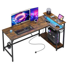 Bestier 147 cm L-Shaped Desk with LED Strip Lights, 3 Power Outlets & 2 USB Ports ? Reversible Corner Workstation with Shelves & Hooks for Office &
