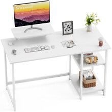 GreenForest Computer Desk with Monitor Stand,100cm Home Office Desk with Reversible Storage Shelves,Study Desk for Small Spaces,Full White