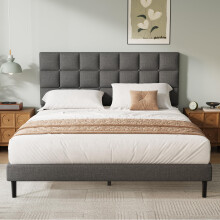 Yocreat Small Double Bed Frame, Easy Assembly, Sturdy Wooden Slat Support, Upholstered Platform with Headboard, No Box Spring Needed, Gray Small