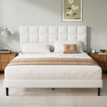 Yocreat Small Double Bed Frame, Easy Assembly, Sturdy Wooden Slat Support, Upholstered Platform with Headboard, No Box Spring Needed, White Small