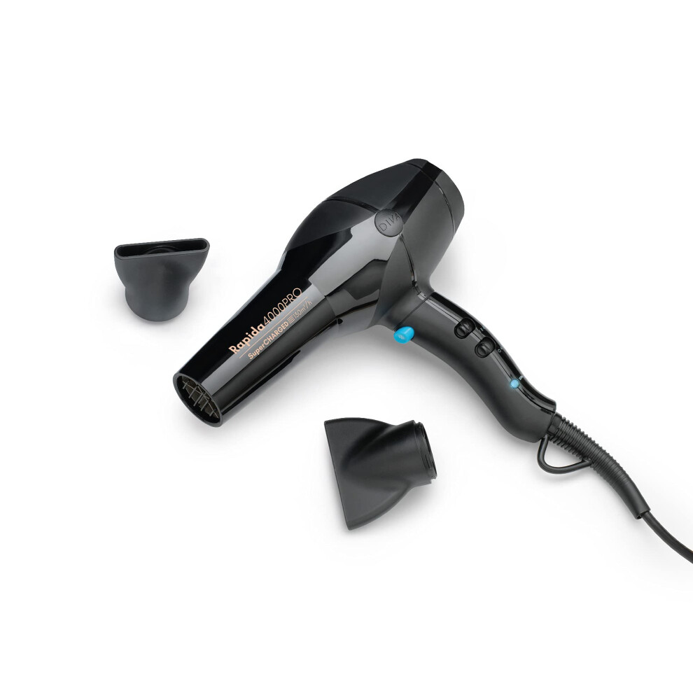 Diva Pro Styling Rapida 4000 Pro Dryer - 2200W Professional Hairdryer With Ionic Conditioning Pro109 Onyx