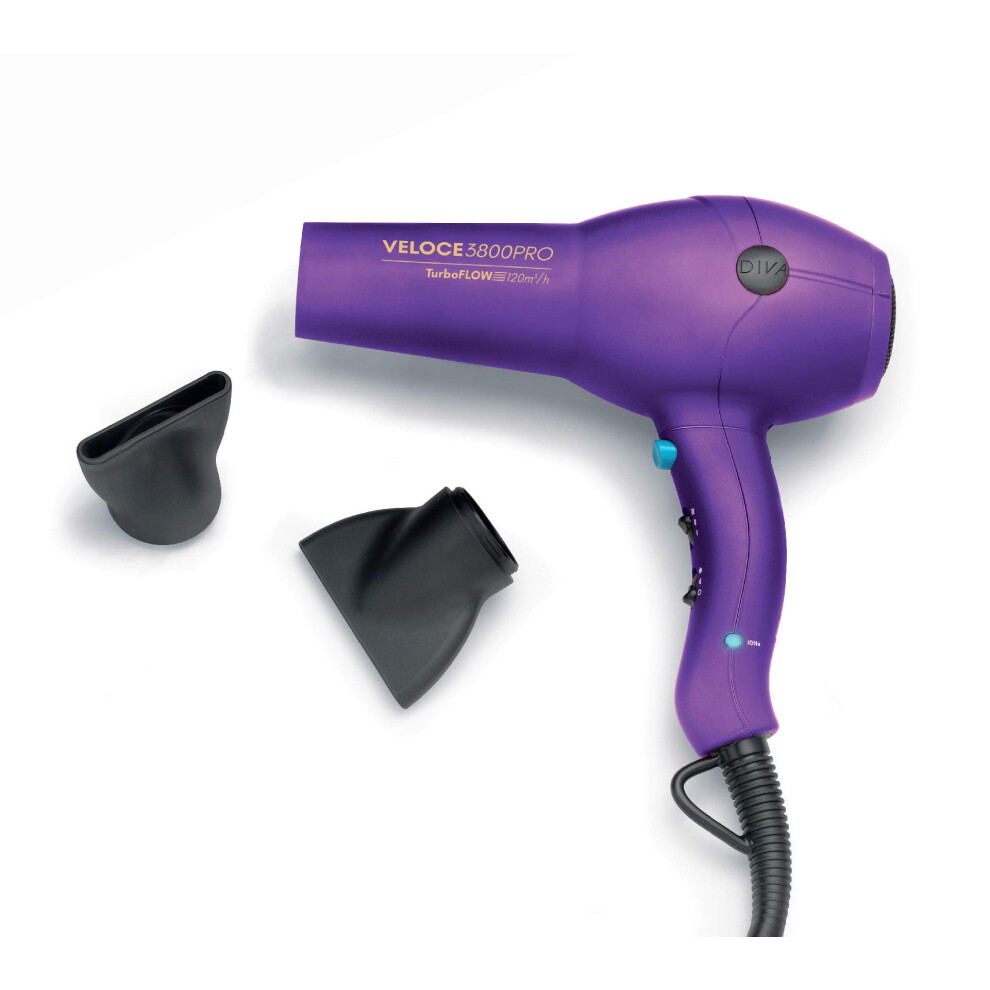 Diva Pro Styling Veloce 3800 Pro Dryer, Purple - 2200W Professional Hairdryer with Ionic Conditioning, EDT107