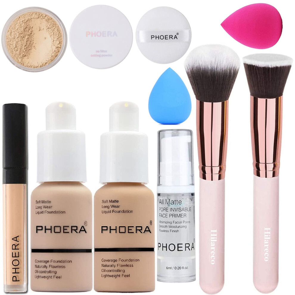 Hilareco Phoera Foundation,Full Coverage Foundation,Phoera Primer,Phoera Powder,Phoera Concealer Phoera Makeup Set, Kabuki Makeup Brushes Foundation Brush