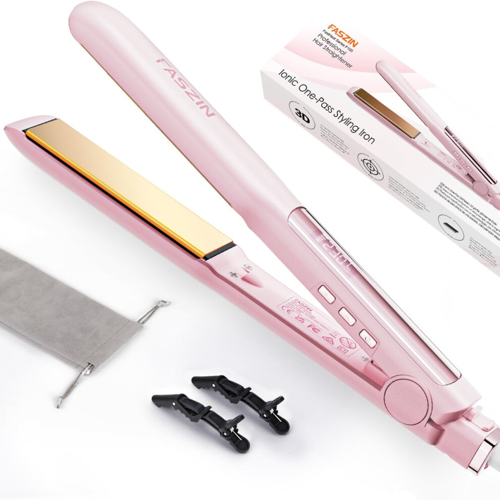 Faszin Pink Hair Straighteners, Ionic Titanium Plate For Smooth Shiny Results, 20S Fast Heat Up Flat Iron, Clear Lcd Display (Pink)