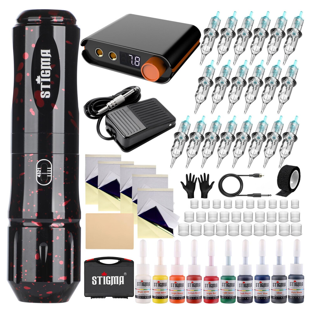 Stigma Rotary Tattoo Machine Kit With 20Pcs Cartridges Needles, Digital Display, Power Supply, Plastic Box For Beginners And Artists