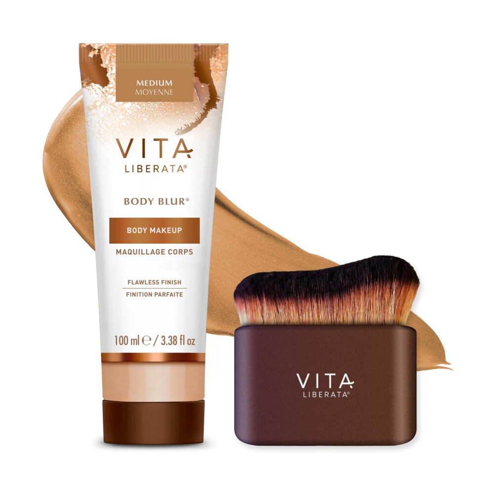 VITA LIBERATA Body Blur Medium 100ml & Brush Bundle, Leg & Body Makeup, Wash Off Instant Tan, Streak Free Application Blending Brush, Water resistant,