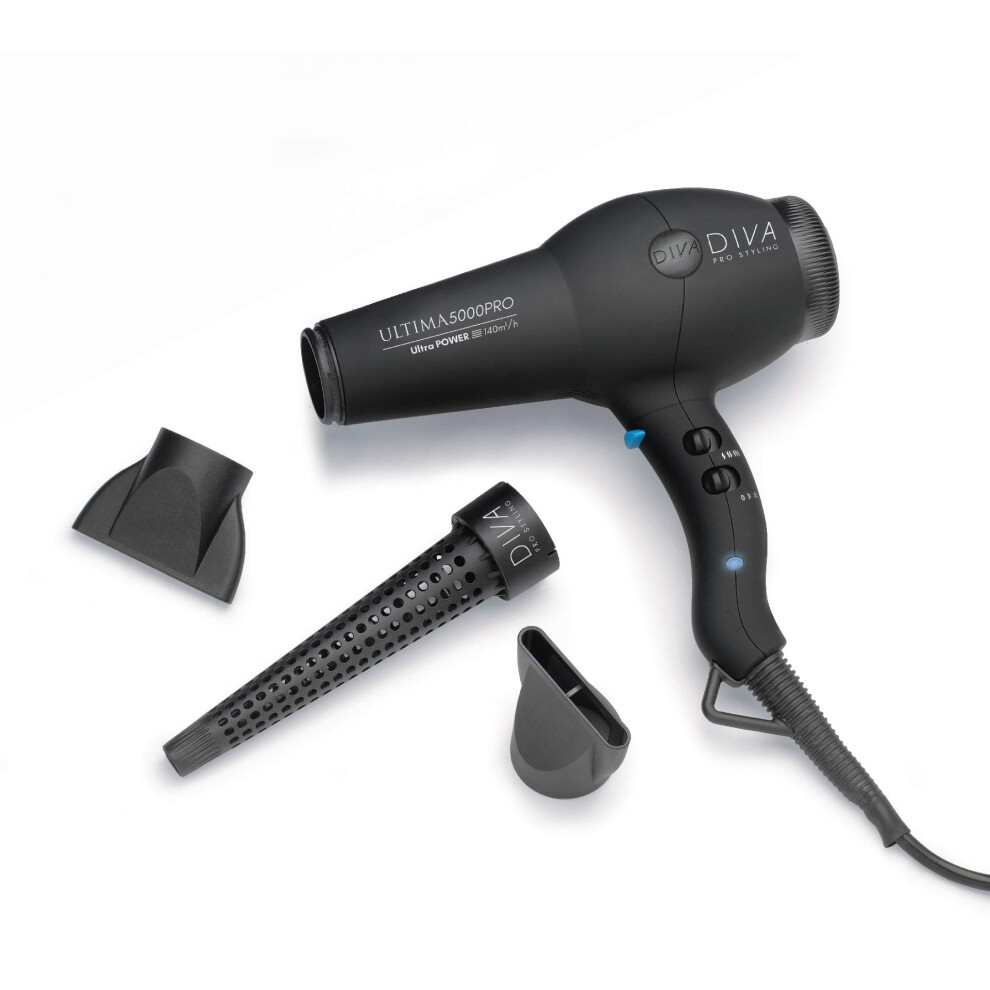 Diva Pro Styling Ultima 5000 Pro Dryer, 2200W Professional Hairdryer with Ionic Conditioning, Black