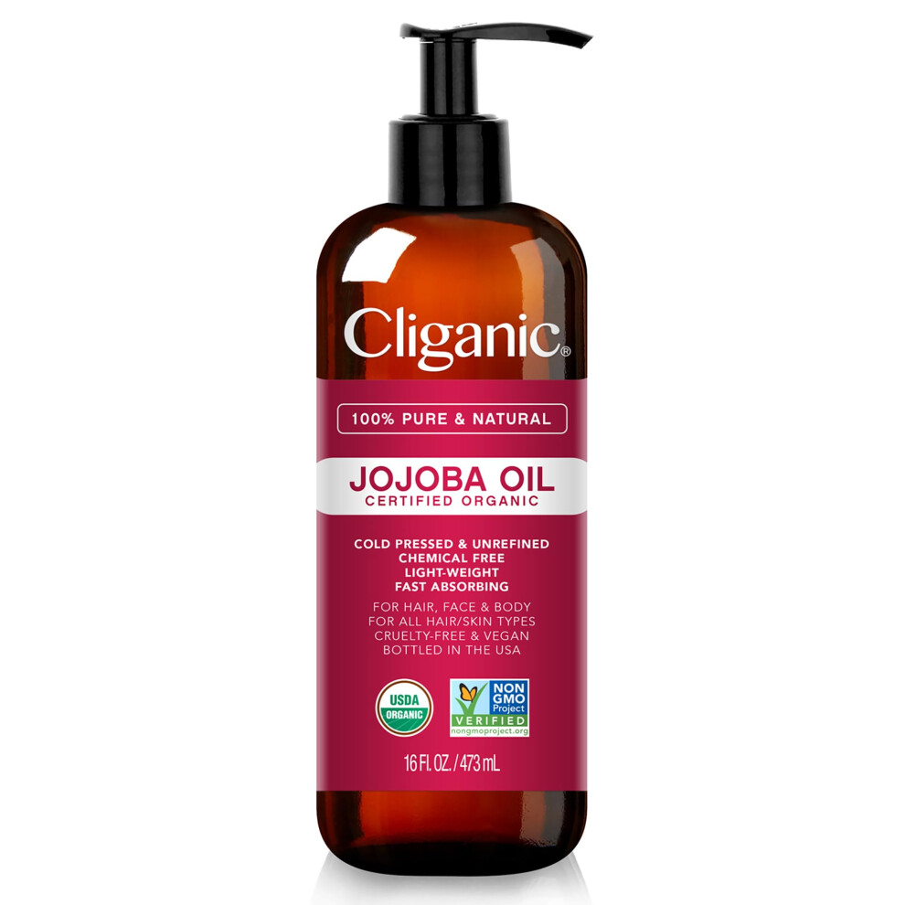 Cliganic Certified Organic Jojoba Oil 473Ml With Pump | 100% Pure Natural Cold Pressed Unrefined, Hexane Free Carrier Oil | For Hair Face & Nails | 90