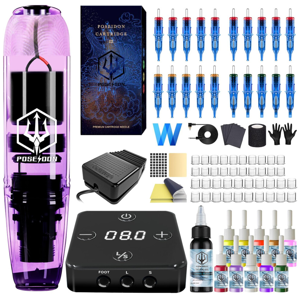 Poseidon Tattoo Gun Kit, Rotary Tattoo Pen Kit With 20 Pcs Cartridge Needles, Professional Tattoo Machine Kit With Power Supply, 11 Color Inks With
